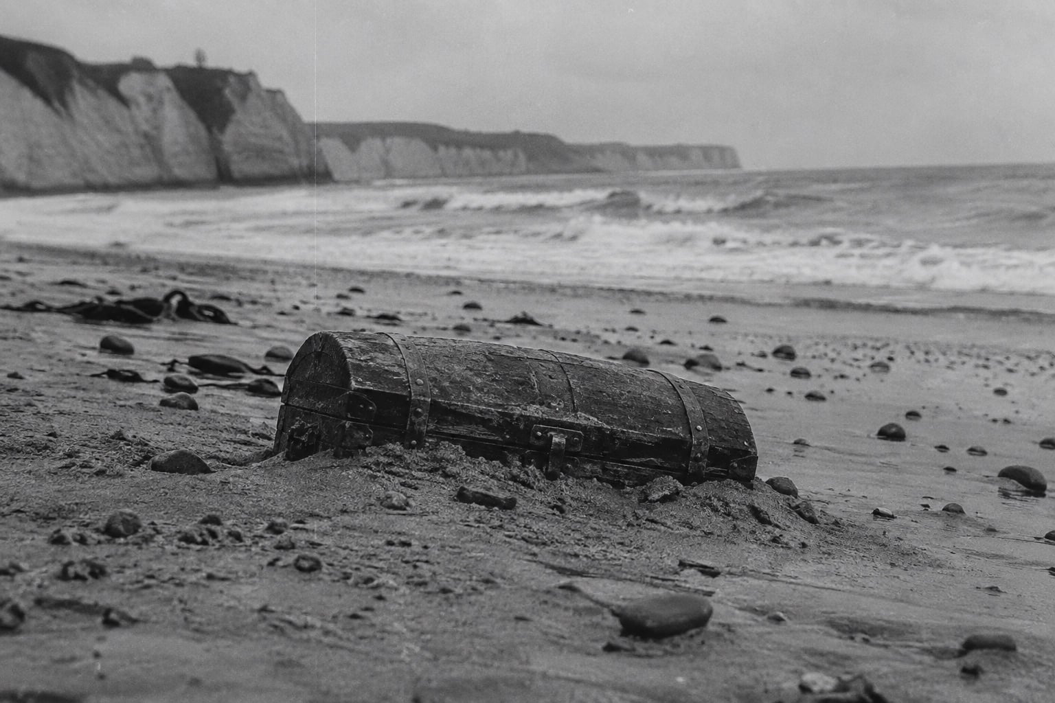 A weathered wooden chest half buried in the sand on a beach below chalk cliffs