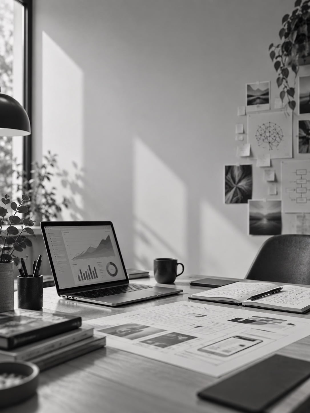 A desk with a laptop showing an analytics dashboard, a notebook and printed page layouts