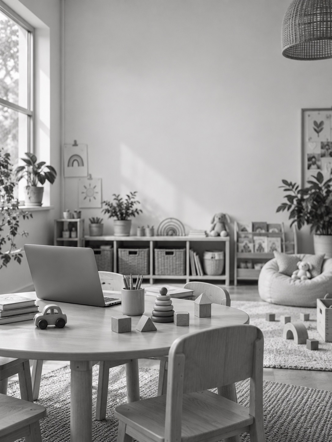 A sunlit nursery playroom with a low table, wooden toys and an open laptop