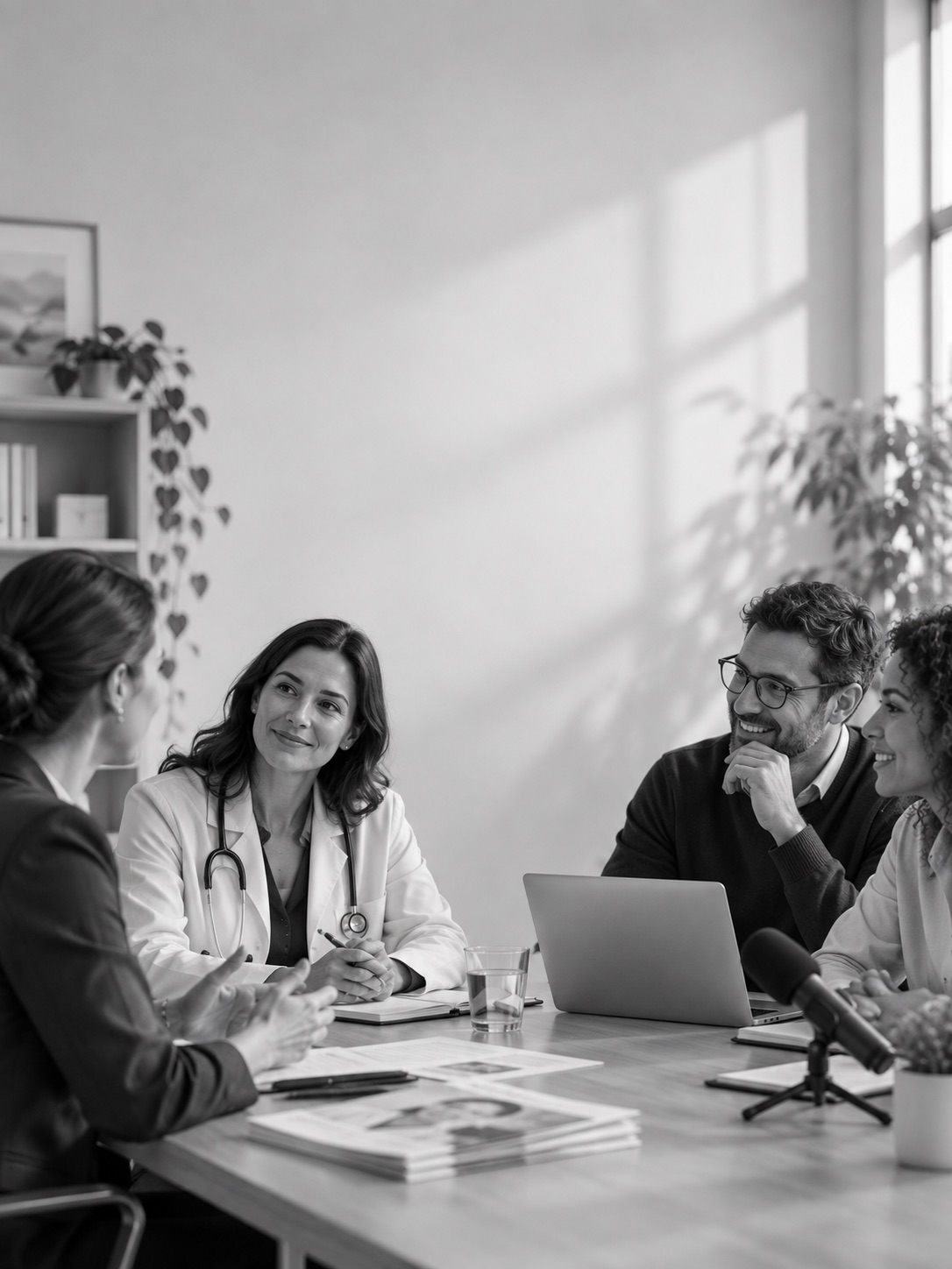 A doctor in a meeting with three colleagues around a sunlit table
