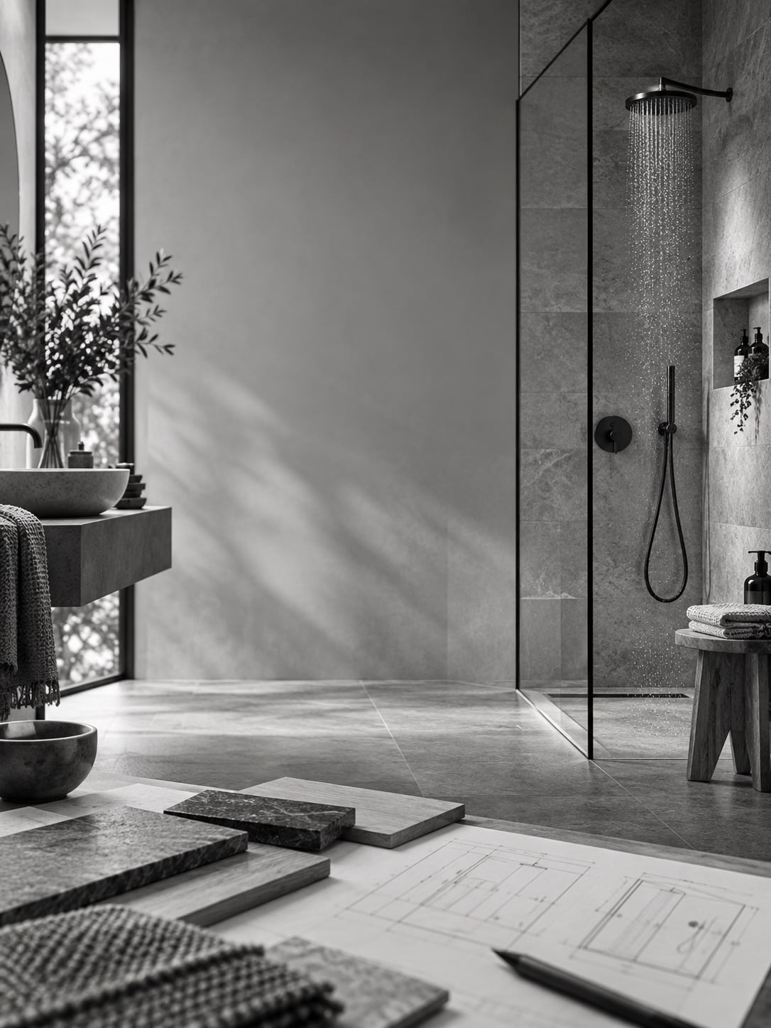 A stone bathroom with a walk-in shower running, material samples and plans in the foreground
